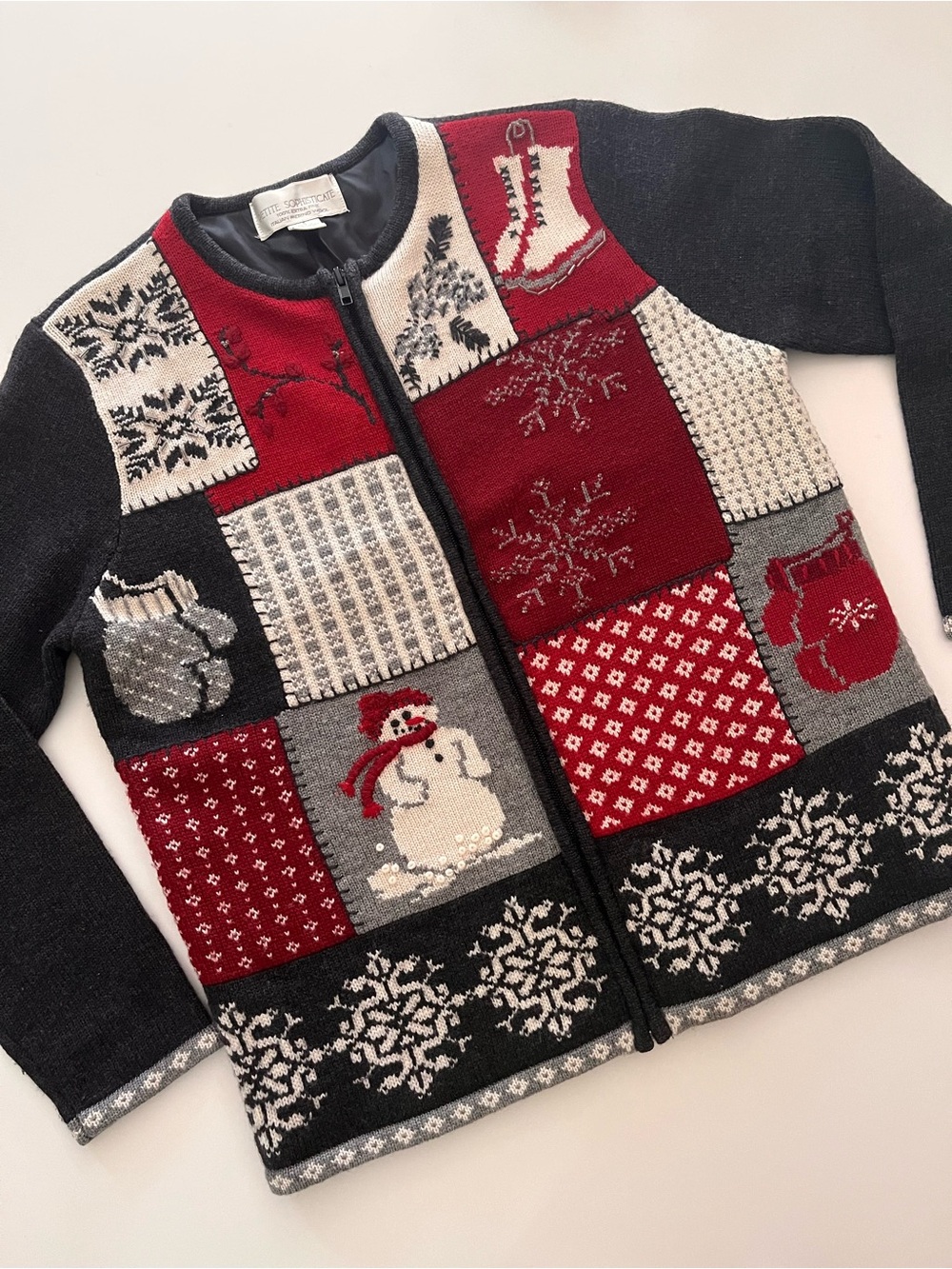 Red, Gray & Black Patchwork Christmas Sweater - 100% Merino Wool- Small